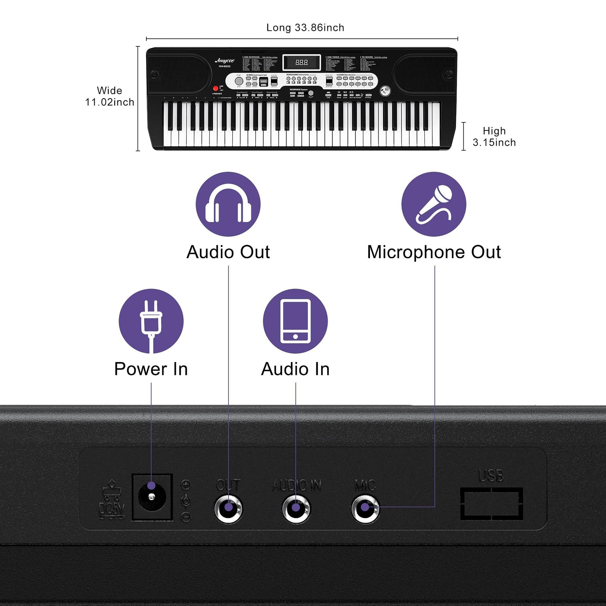 Garvee Piano clavier pour enfants, 61 touches, avec sac, microphone et casque, idéal pour les débutants, portable et utilisable à la maison, noir.