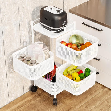 Garvee Chariot de rangement rotatif 4 niveaux en acier carbone avec roulettes, pour chambre d'enfant, cuisine et organisation des jouets