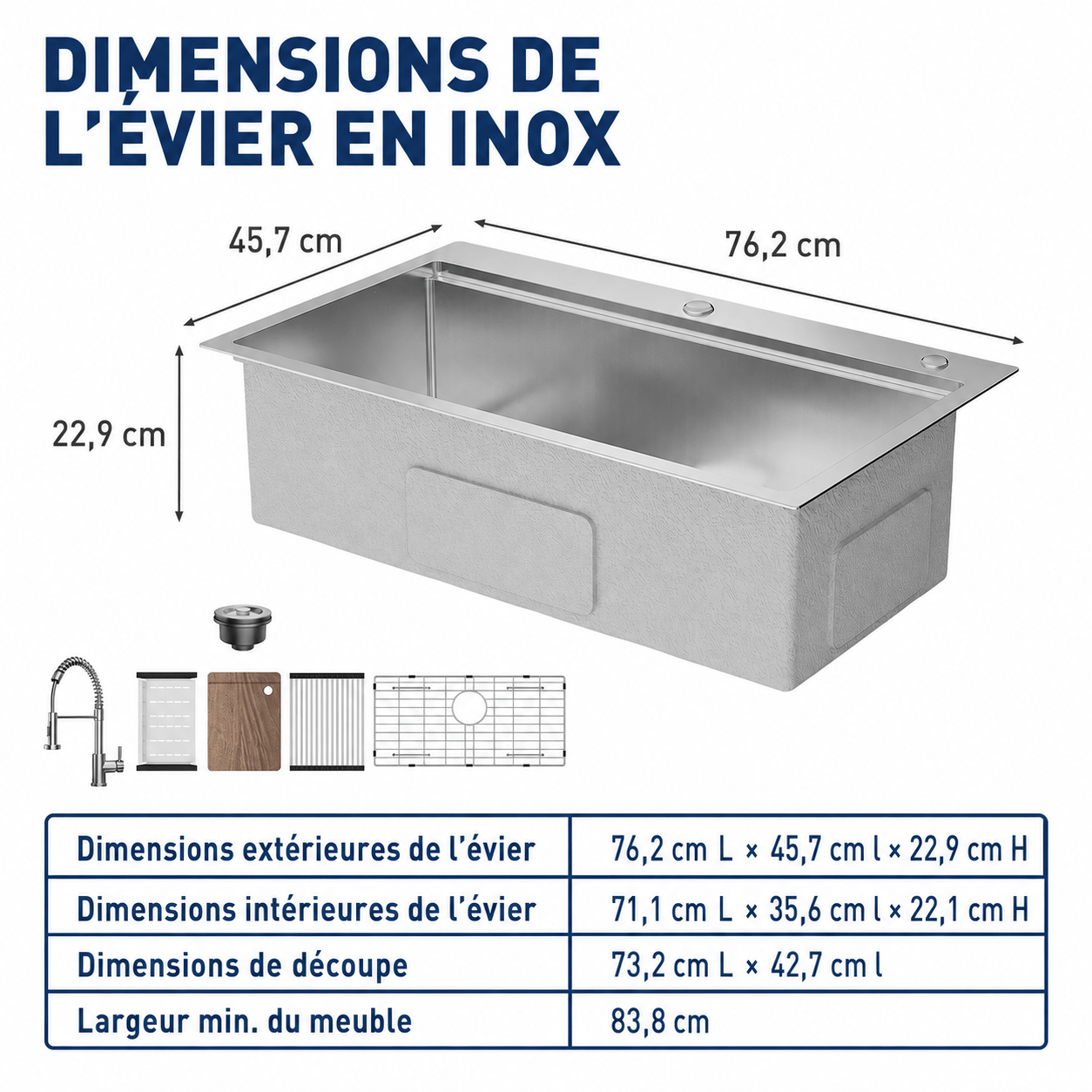 Garvee Évier de Cuisine Encastrable 1 Bac Profond en Acier Inoxydable 304, Robinet Ressort Extractible et Kit de Vidange, 75 x 46 x 23 cm
