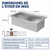 Garvee Évier de Cuisine Encastrable 1 Bac Profond en Acier Inoxydable 304, Robinet Ressort Extractible et Kit de Vidange, 75 x 46 x 23 cm