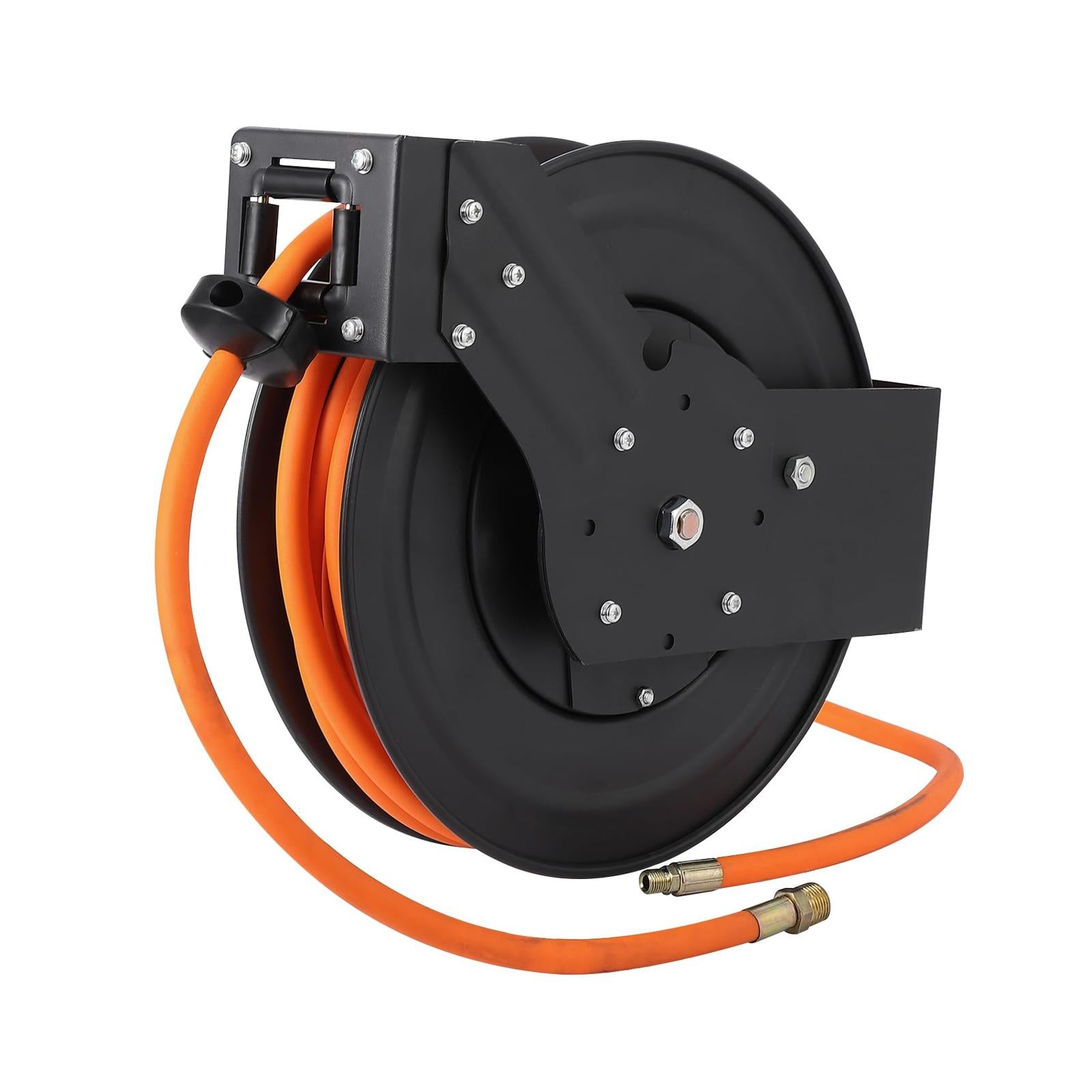 Enrouleur de tuyau d'air rétractable Garvee 3/8 po x 25 pi avec tuyau hybride robuste, rembobinage automatique, support pivotant à 180°, construction en acier pour atelier et industrie, robuste