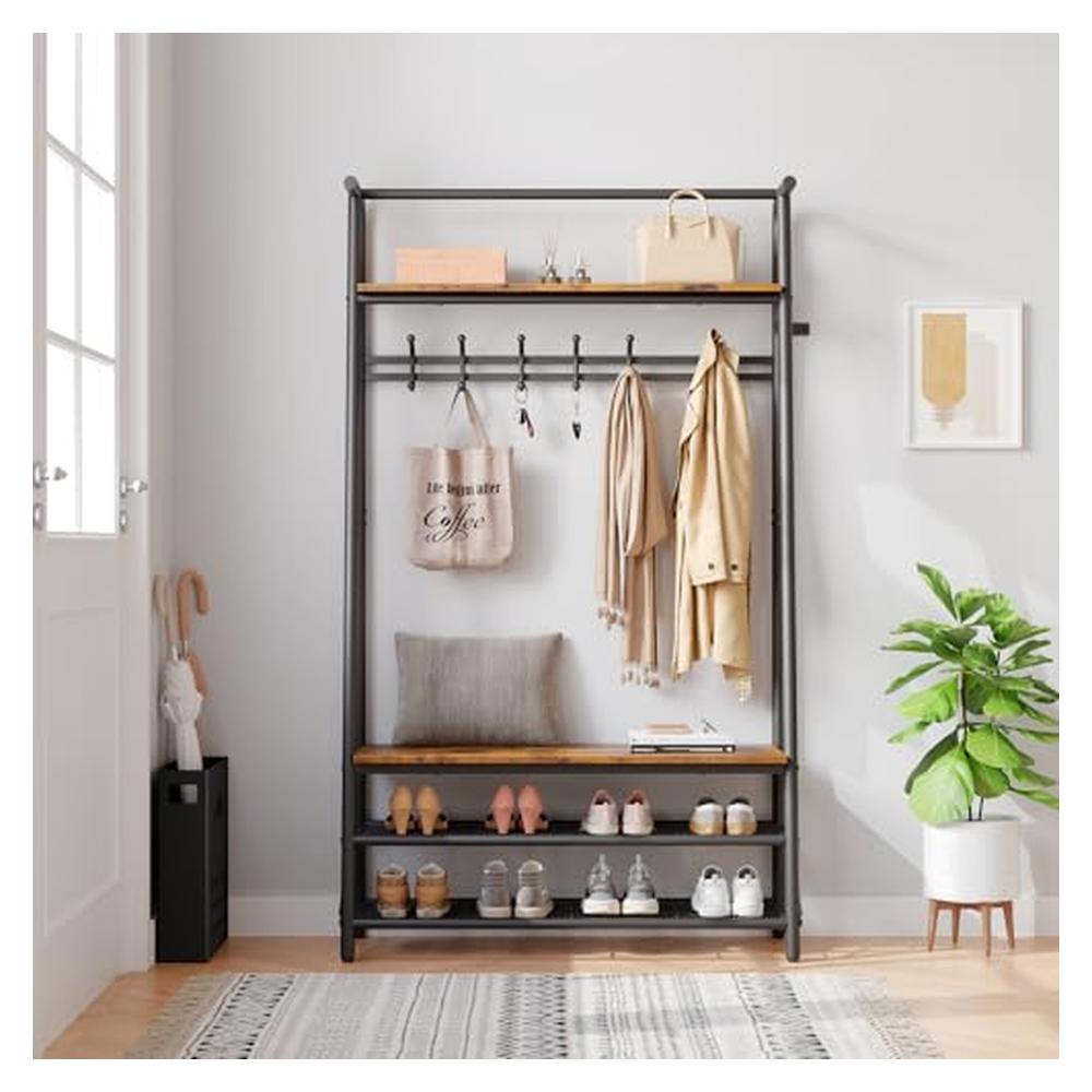 Garvee Porte-manteau simple 100 cm – Structure en métal aspect bois avec banc à chaussures et 5 à 10 crochets pour entrée et salon