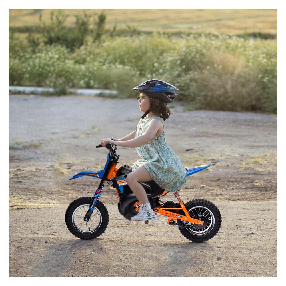 Moto électrique tout-terrain Garvee 24 V, moteur 250 W, selle en cuir, suspension métallique, pneus pneumatiques, pour enfants et adolescents, bleue