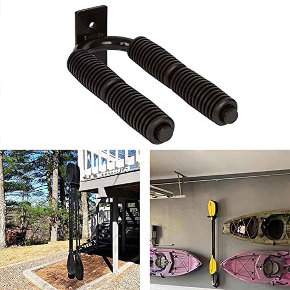 Support mural en aluminium pour pagaie de kayak Garvee Sport, compatible avec canoë, SUP et autres embarcations. Installation facile et stable dans un garage. Gain de place.