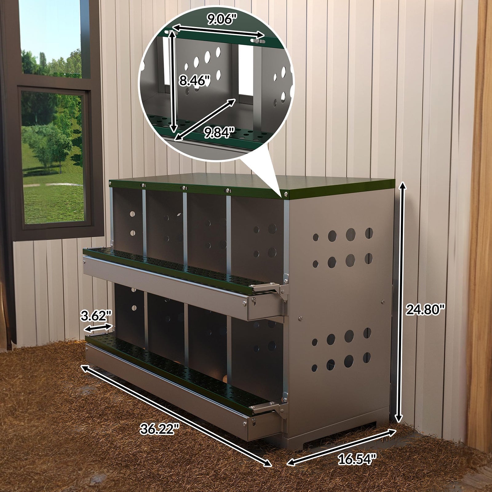 Nichoir métallique Garvee à 8 compartiments, dimensions totales : 92 x 42 x 63 cm, dimensions par compartiment : 23 x 25 x 21,5 cm, acier galvanisé, étanche, pour 8 à 12 poules (vert)