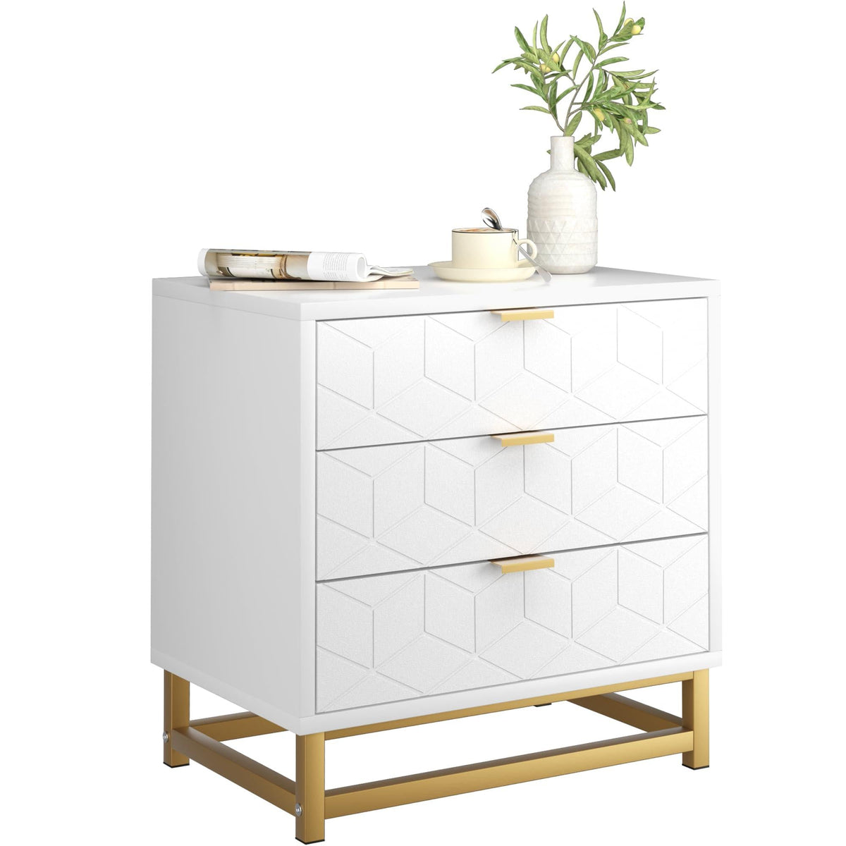 Garvee commode blanche à 3 tiroirs en bois avec poignées en métal doré pour la chambre et le salon, moderne, en MDF, stable