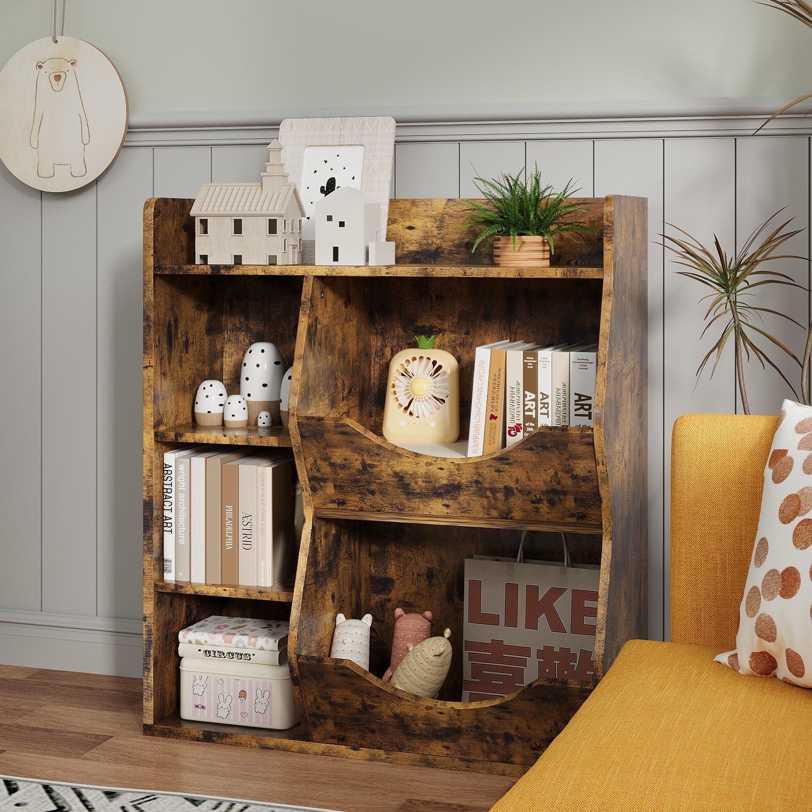 Étagère à jouets Garvee pour enfants, à 3 niveaux et 5 compartiments, en MDF robuste, multifonctionnelle pour chambre et crèche, compacte et blanche.