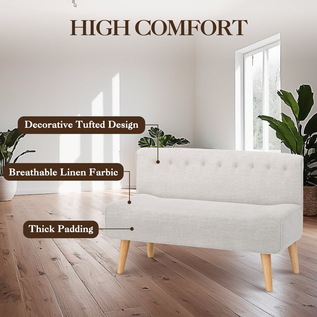 Garvee Canapé 2 Places en Tissu Effet Lin, Pieds en Bois, Style Rétro, Beige, pour Salon et Chambre