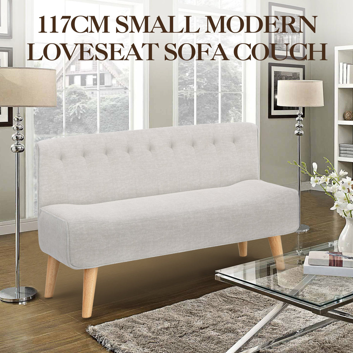 Garvee Canapé 2 Places en Tissu Effet Lin, Pieds en Bois, Style Rétro, Beige, pour Salon et Chambre
