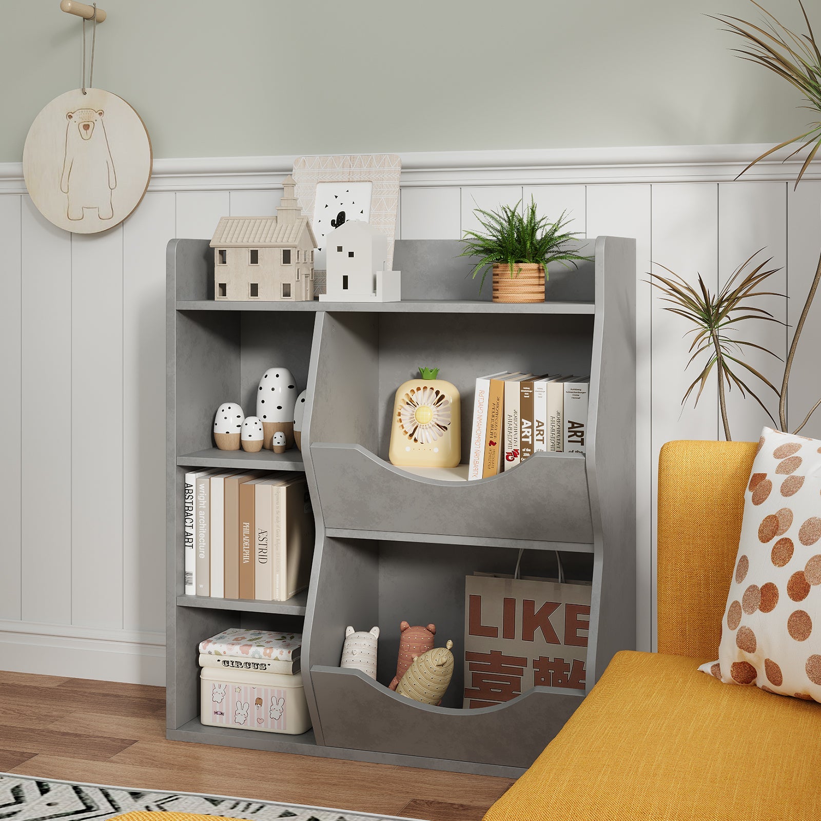 Étagère à jouets Garvee pour enfants à 3 niveaux et 5 compartiments, double face, grise, pour chambre et crèche, en MDF robuste et polyvalente.