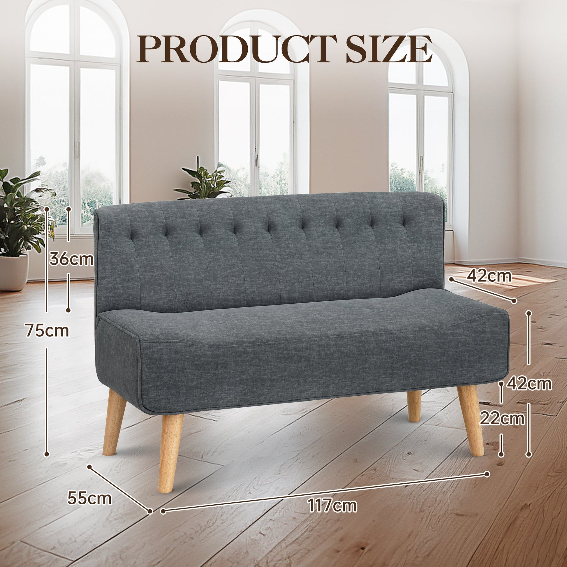 Canapé Garvee 2 places, revêtement en tissu aspect lin, pieds en bois, compact, gris, salon, chambre, salle de jeux, 117 x 56 x 78 cm
