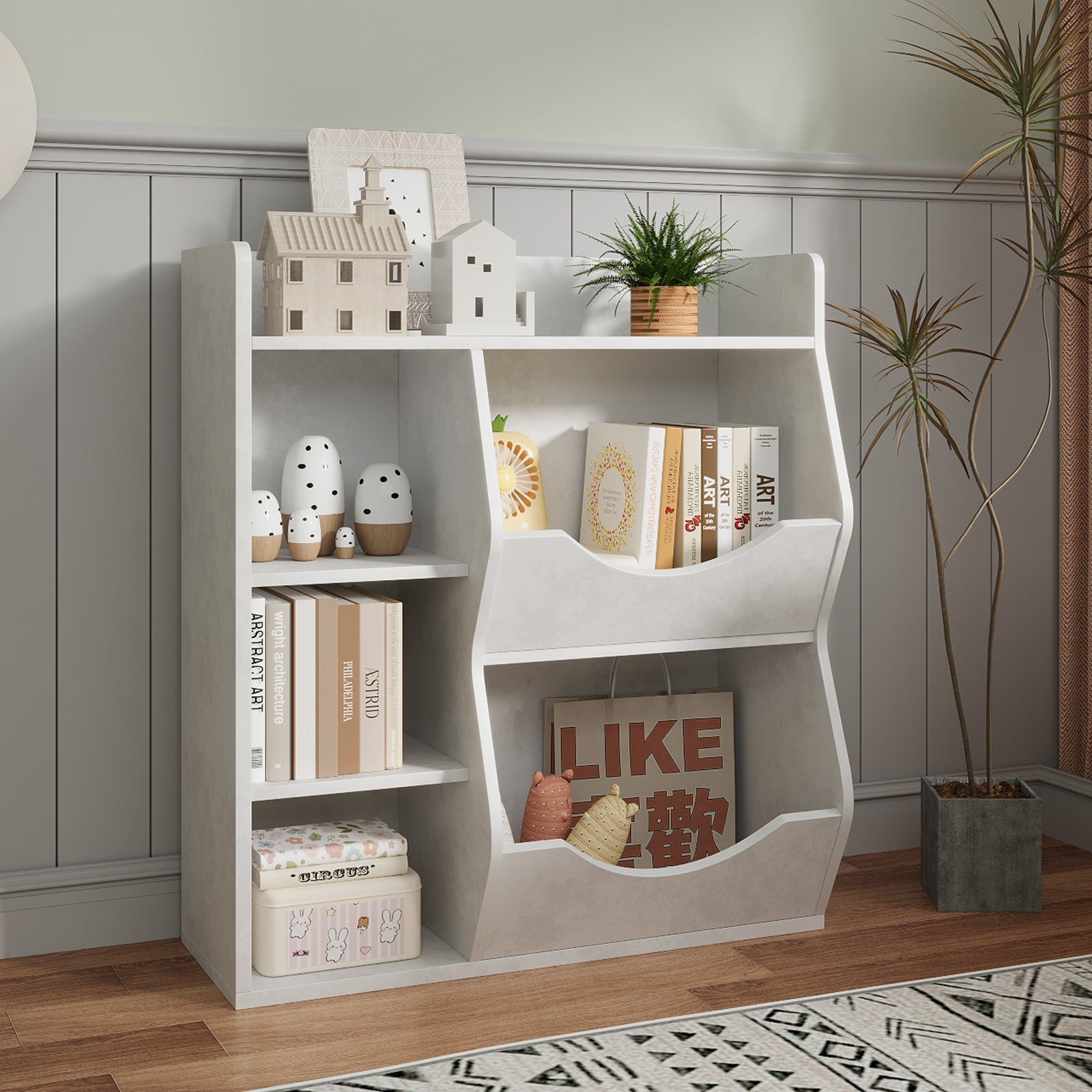 Étagère à jouets Garvee pour enfants, à 3 niveaux et 5 compartiments, double face, en MDF, robuste, idéale pour la chambre et la crèche, polyvalente, blanche.