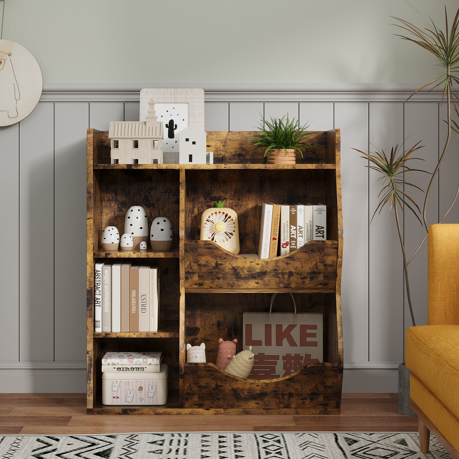 Étagère à jouets Garvee pour enfants, à 3 niveaux et 5 compartiments, en MDF robuste, multifonctionnelle pour chambre et crèche, compacte et blanche.