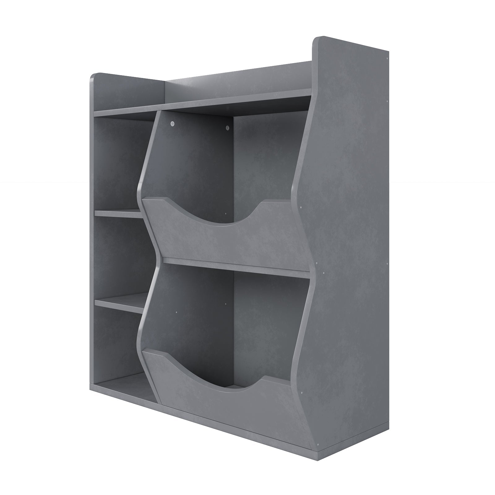 Étagère à jouets Garvee pour enfants à 3 niveaux et 5 compartiments, double face, grise, pour chambre et crèche, en MDF robuste et polyvalente.