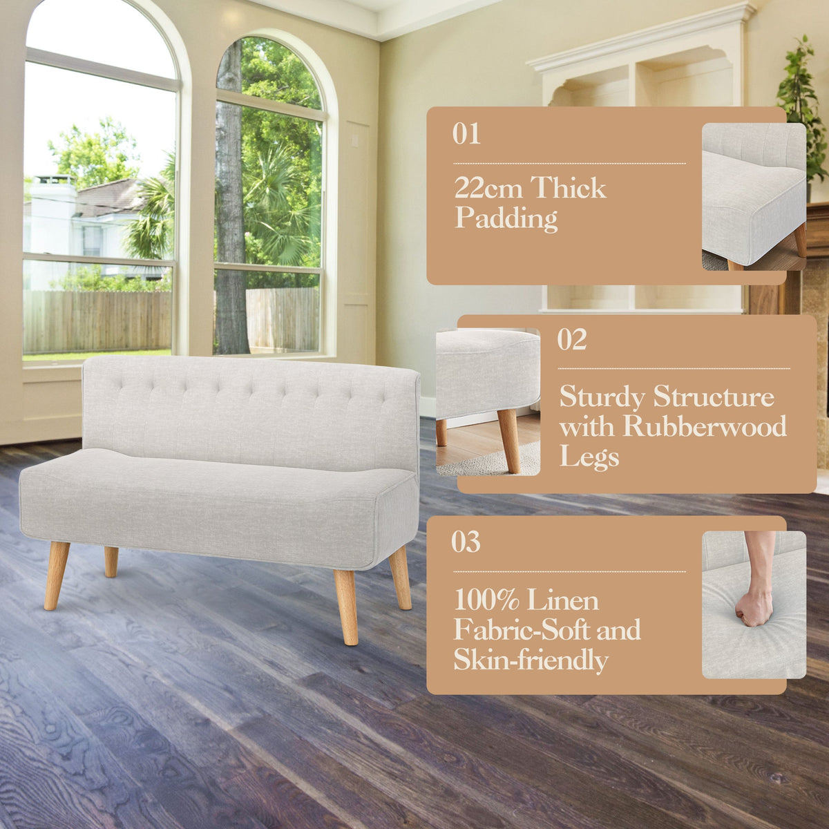 Garvee Canapé 2 Places en Tissu Effet Lin, Pieds en Bois, Style Rétro, Beige, pour Salon et Chambre
