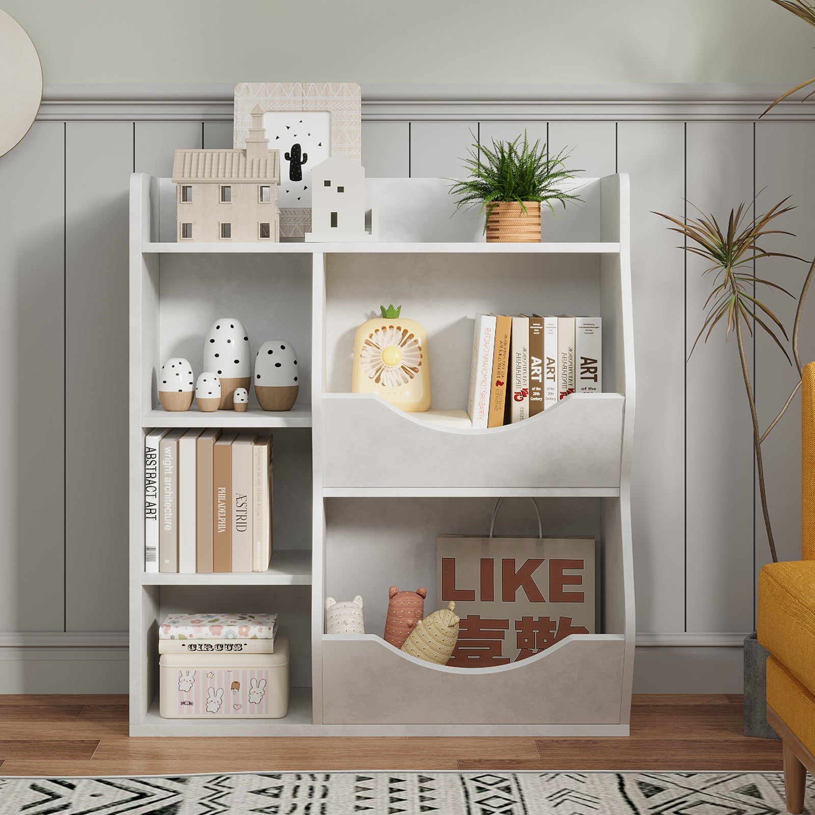 Étagère à jouets Garvee pour enfants, à 3 niveaux et 5 compartiments, double face, en MDF, robuste, idéale pour la chambre et la crèche, polyvalente, blanche.