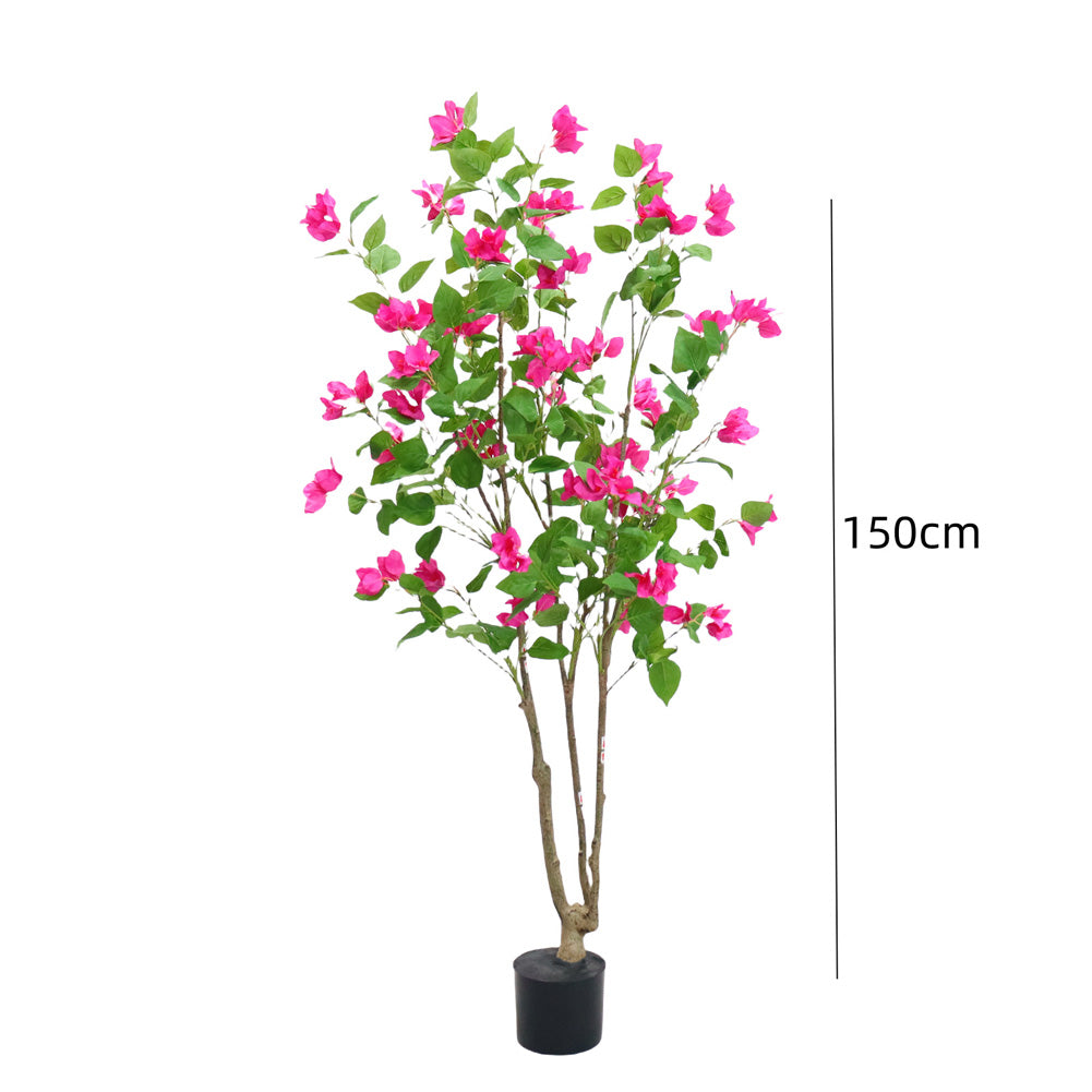 Bougainvillier artificiel Garvee 150 cm, facile d'entretien, en plastique et soie, pot en ciment robuste, décoration intérieure et extérieure, vert