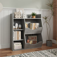 Étagère à jouets Garvee pour enfants à 3 niveaux et 5 compartiments, double face, grise, pour chambre et crèche, en MDF robuste et polyvalente.