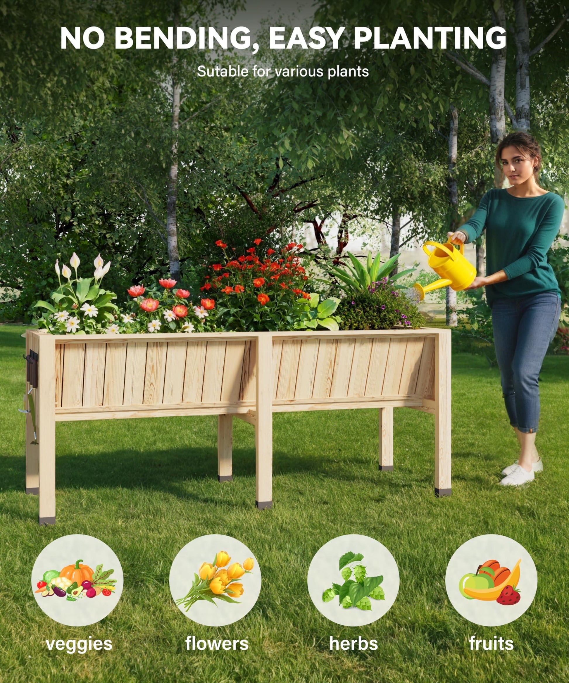 Garvee Jardinière surélevée en cèdre naturel 183 x 66 x 77 cm, avec crochets, stable et ergonomique, pour plantes, patio et balcon, couleur naturelle