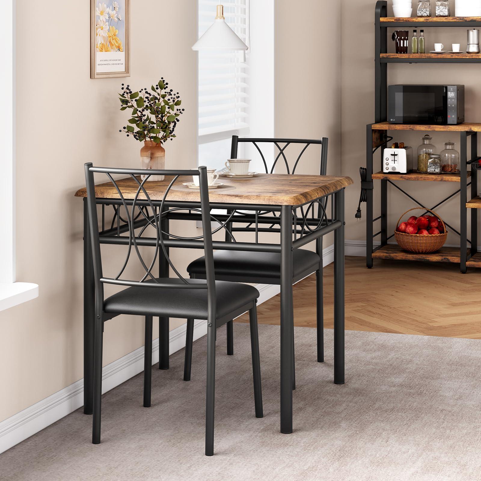 Ensemble table et chaises Garvee 3 pièces pour 2 personnes, marron rétro, structure en métal, chaises rembourrées, plateau en MDF, gain de place, idéal pour les petites pièces