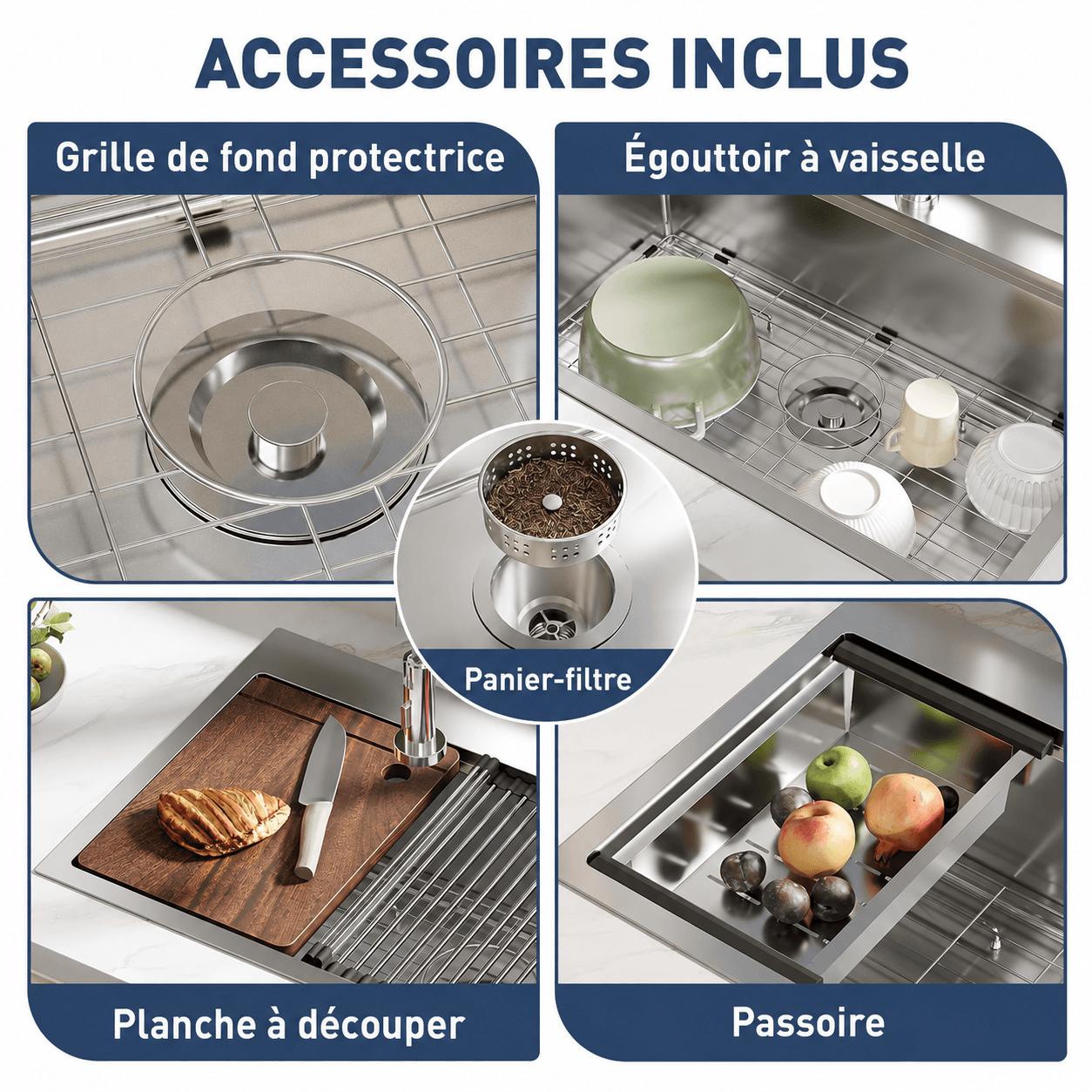 Garvee Évier de Cuisine Encastrable 1 Bac Profond en Acier Inoxydable 304, Robinet Ressort Extractible et Kit de Vidange, 75 x 46 x 23 cm