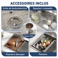 Garvee Évier de Cuisine Encastrable 1 Bac Profond en Acier Inoxydable 304, Robinet Ressort Extractible et Kit de Vidange, 75 x 46 x 23 cm