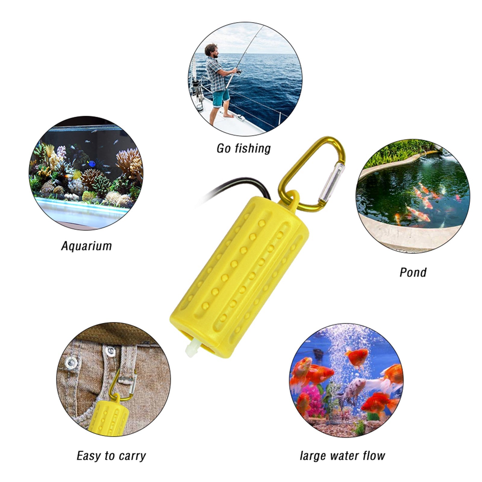 Pompe à air USB Garvee pour aquarium, mini, portable, silencieuse et économe en énergie, en plastique jaune.