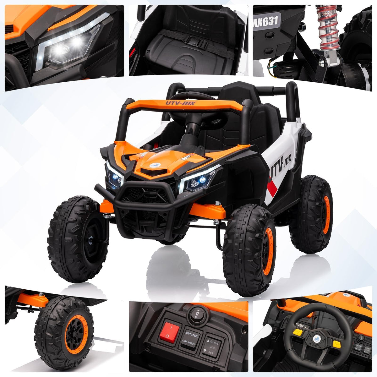 Garvee Voiture électrique enfant 12 V orange, télécommande parentale, LED, musique, USB et Bluetooth, pour extérieur dès 3 ans