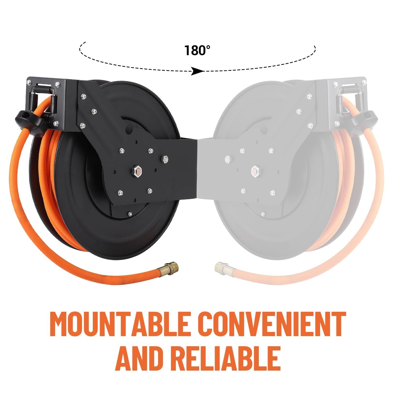 Enrouleur de tuyau d'air rétractable Garvee 3/8 po x 25 pi avec tuyau hybride robuste, rembobinage automatique, support pivotant à 180°, construction en acier pour atelier et industrie, robuste