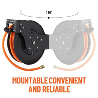 Enrouleur de tuyau d'air rétractable Garvee 3/8 po x 25 pi avec tuyau hybride robuste, rembobinage automatique, support pivotant à 180°, construction en acier pour atelier et industrie, robuste