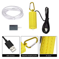 Pompe à air USB Garvee pour aquarium, mini, portable, silencieuse et économe en énergie, en plastique jaune.