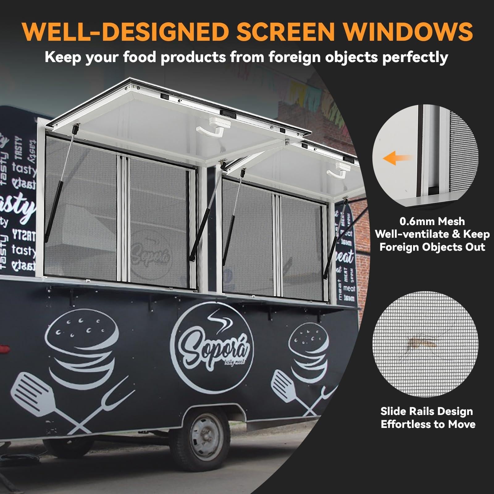 Vitrine de vente pour camion-restaurant Garvee, piliers de levage pneumatiques en aluminium de 48 x 36 pouces, double joint, usage extérieur