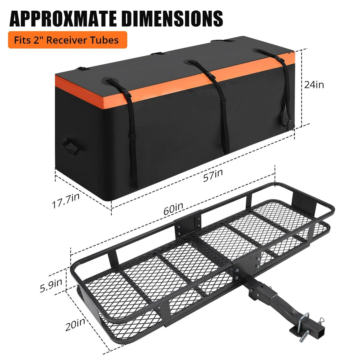 Porte-bagages Garvee pour attelage, 152 x 51 x 15 cm, pliable, cadre en acier, sac étanche, capacité de 90 kg, récepteur d'attelage de 5 cm pour les voyages