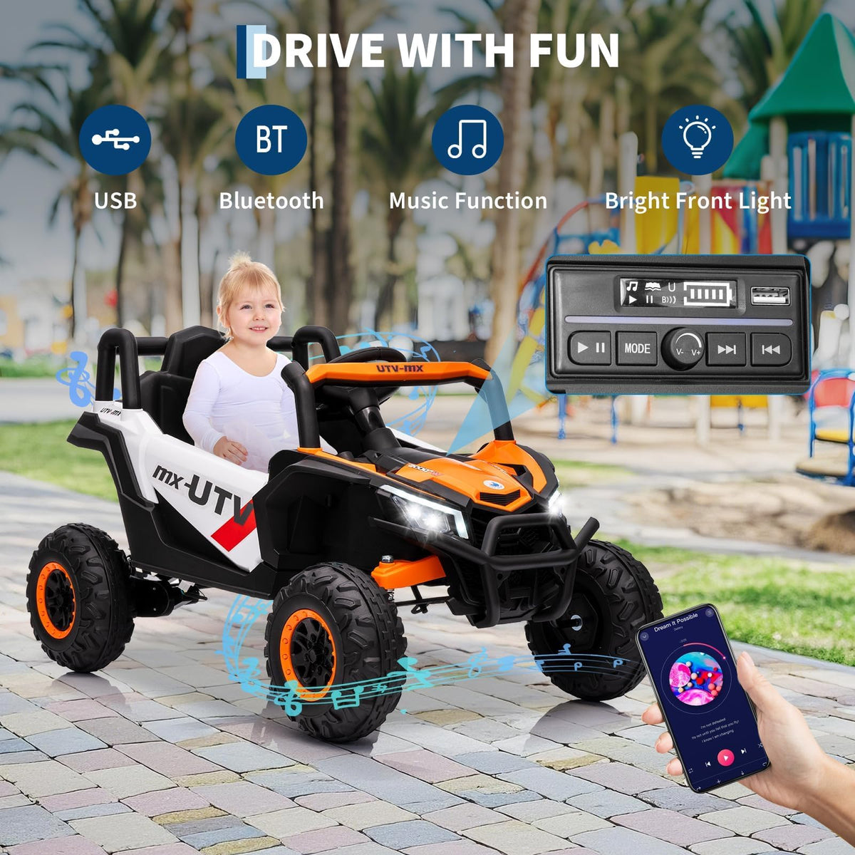 Garvee Voiture électrique enfant 12 V orange, télécommande parentale, LED, musique, USB et Bluetooth, pour extérieur dès 3 ans
