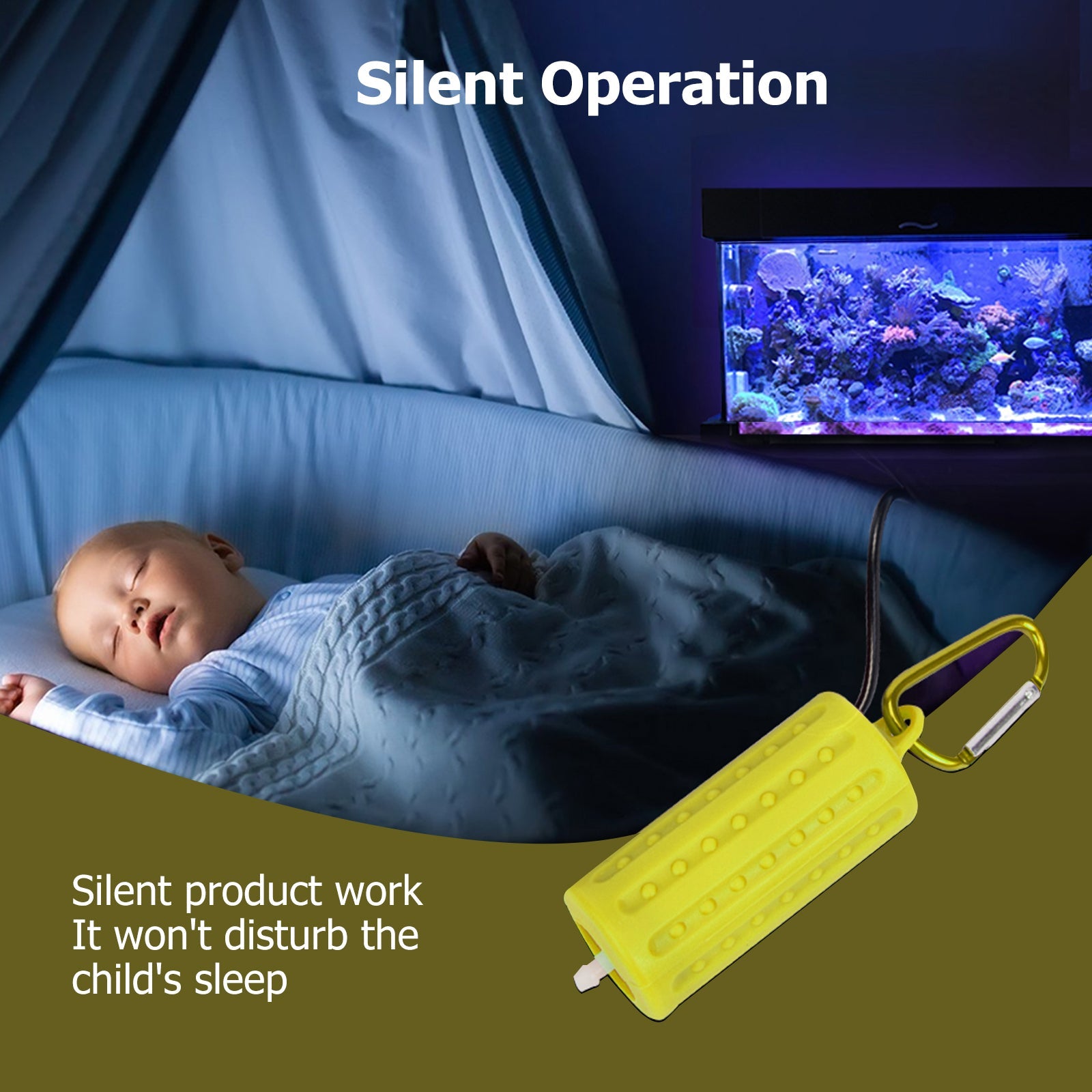 Pompe à air USB Garvee pour aquarium, mini, portable, silencieuse et économe en énergie, en plastique jaune.