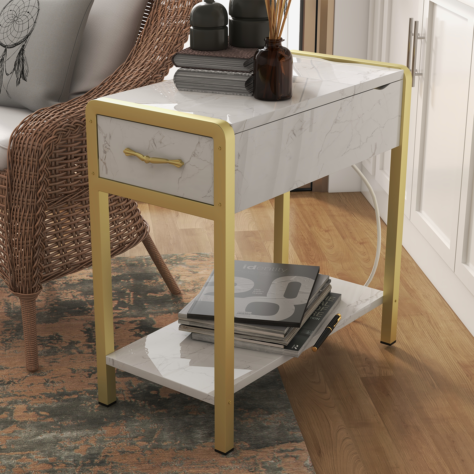 Table d'appoint Garvee avec tiroir et étagère, table de chevet étroite, style industriel, grise