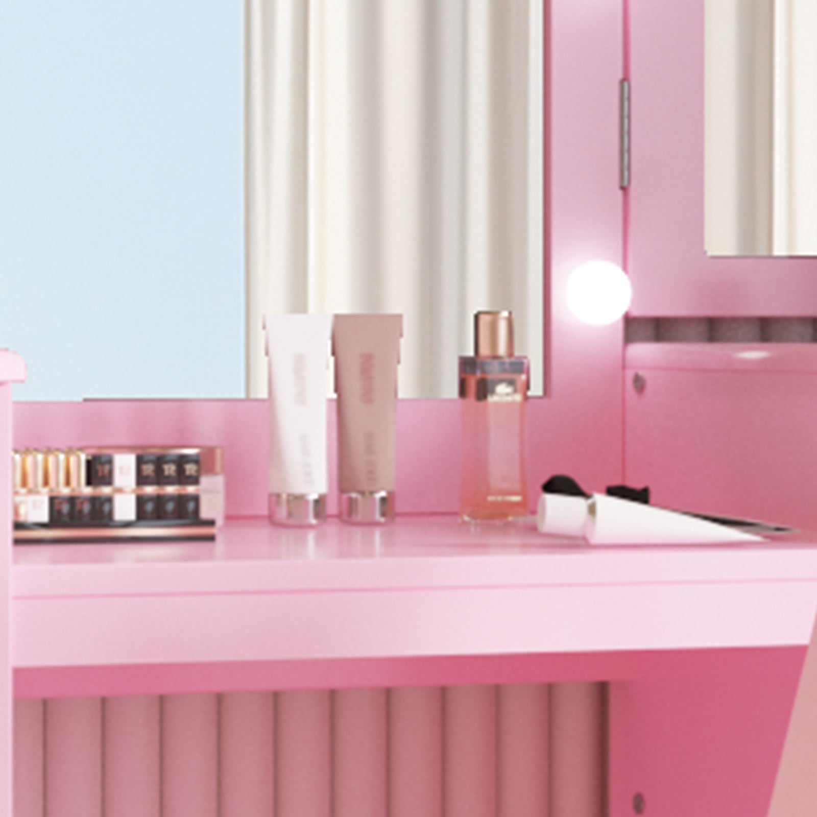 Coiffeuse Garvee Princess avec éclairage LED, miroir triptyque réglable, bois MDF, chaise enfant, salle de jeux, 117 cm (H) x 104 cm (L) x 41 cm (l), blanc