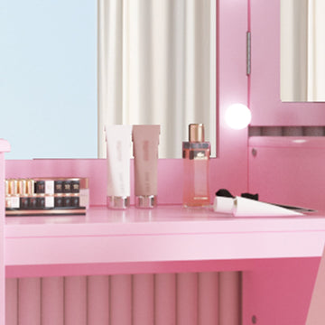 Coiffeuse Garvee Princess avec éclairage LED, miroir triptyque réglable, bois MDF, chaise enfant, salle de jeux, 117 cm (H) x 104 cm (L) x 41 cm (l), blanc