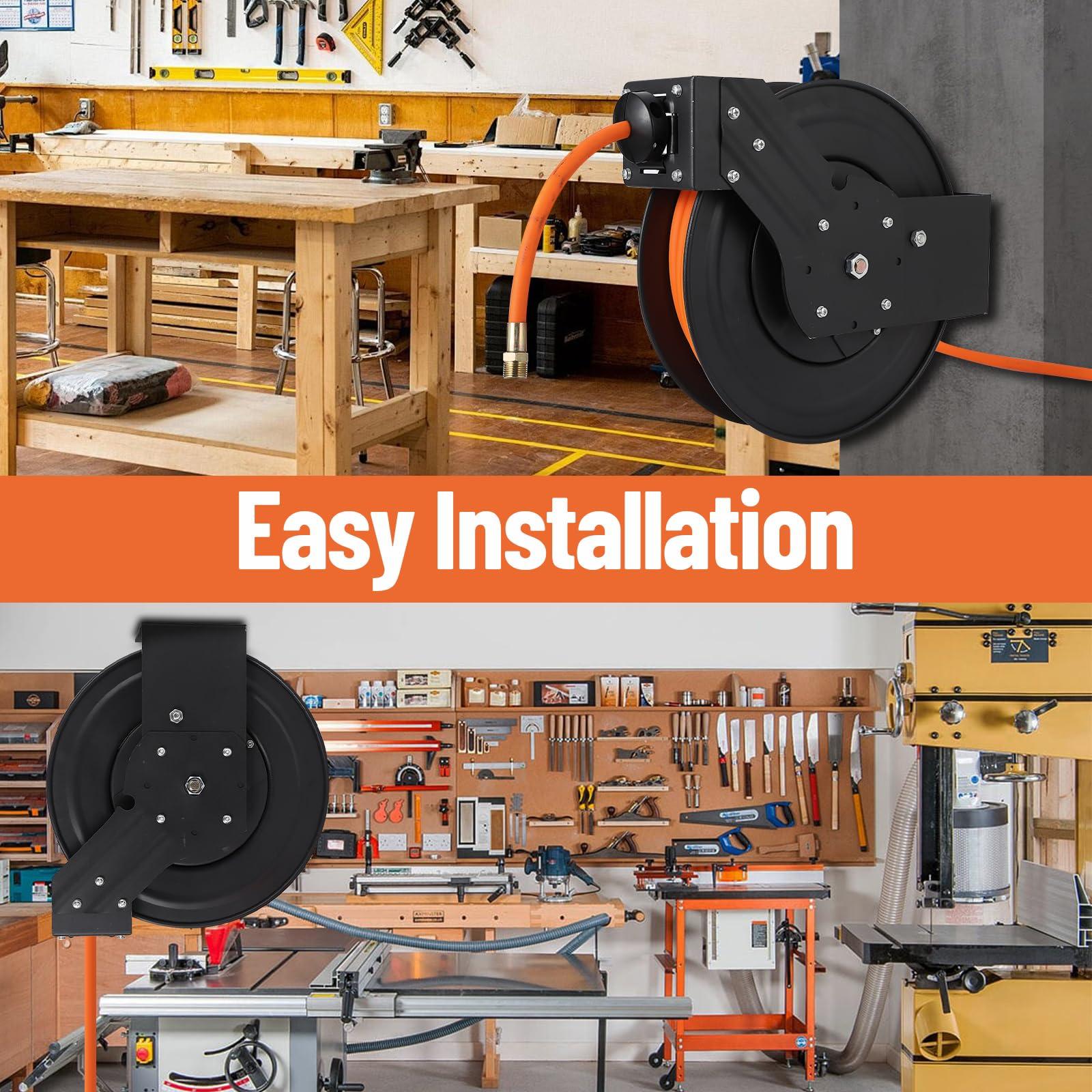 Enrouleur de tuyau d'air rétractable Garvee 3/8 po x 25 pi avec tuyau hybride robuste, rembobinage automatique, support pivotant à 180°, construction en acier pour atelier et industrie, robuste