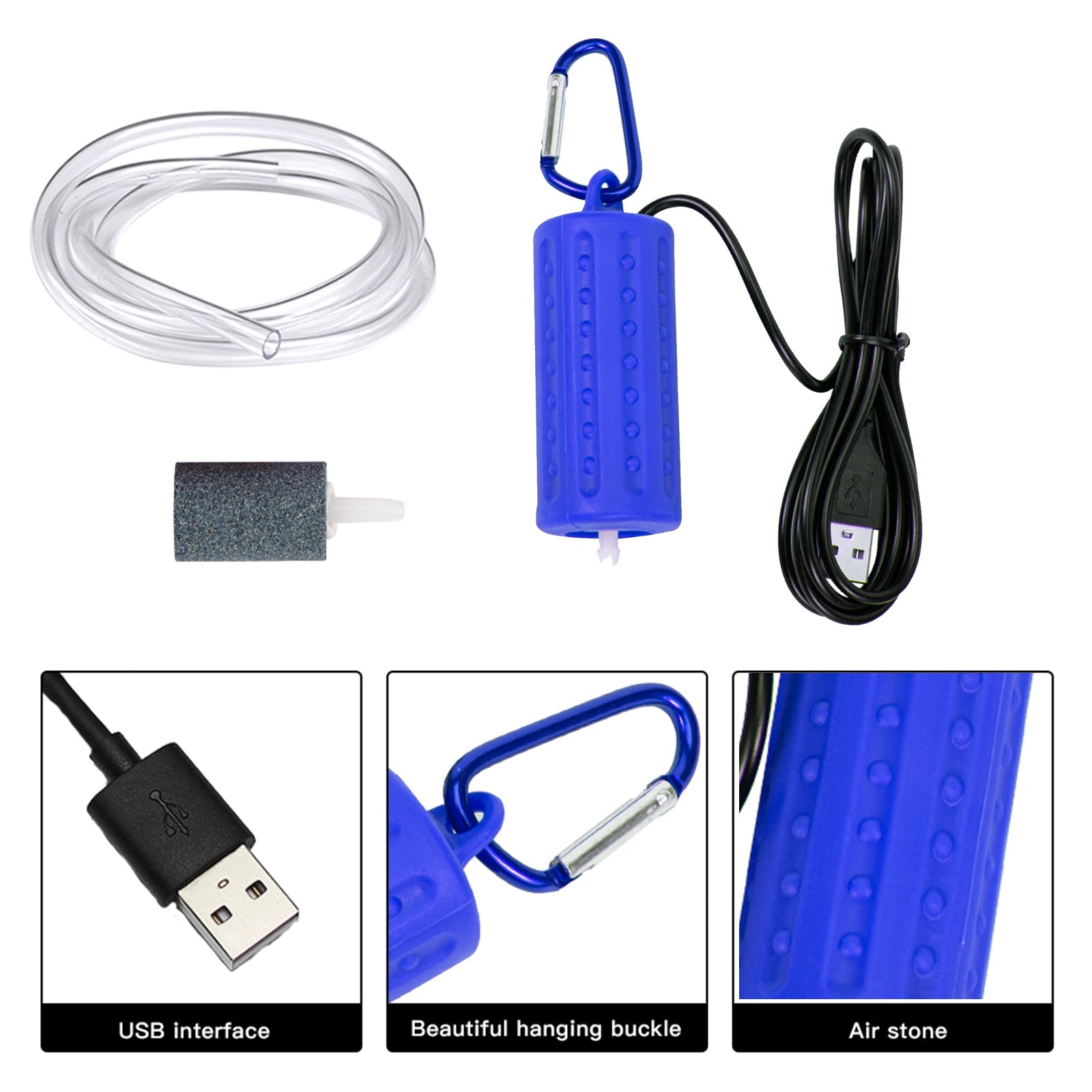 Pompe à air USB Garvee pour aquarium, mini, portable, silencieuse, économe en énergie, tuyau en silicone de 1 m, câble USB de 1,5 m, pour aquariums de petite et moyenne taille.