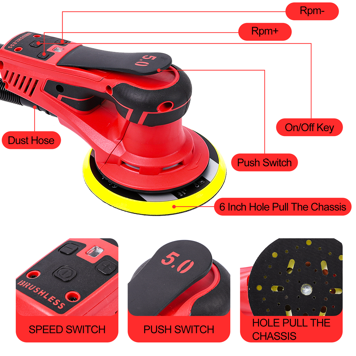 Garvee ponceuse orbitale aléatoire électrique 350 W sans balais, 10 000 tr/min, 150 mm, polissage du bois, faibles vibrations, ergonomique et compacte pour atelier, noire