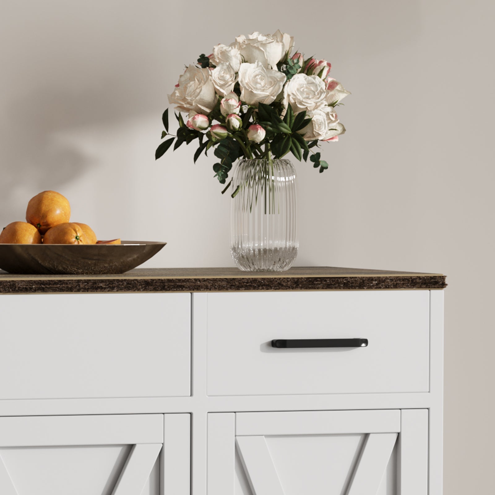 Buffet moderne Garvee avec 3 tiroirs pour salon et salle à manger, 140 cm, bois blanc, poignées noires