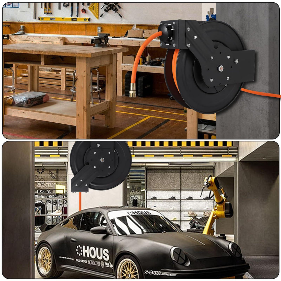 Enrouleur de tuyau d'air rétractable Garvee 3/8 po x 25 pi avec tuyau hybride robuste, rembobinage automatique, support pivotant à 180°, construction en acier pour atelier et industrie, robuste