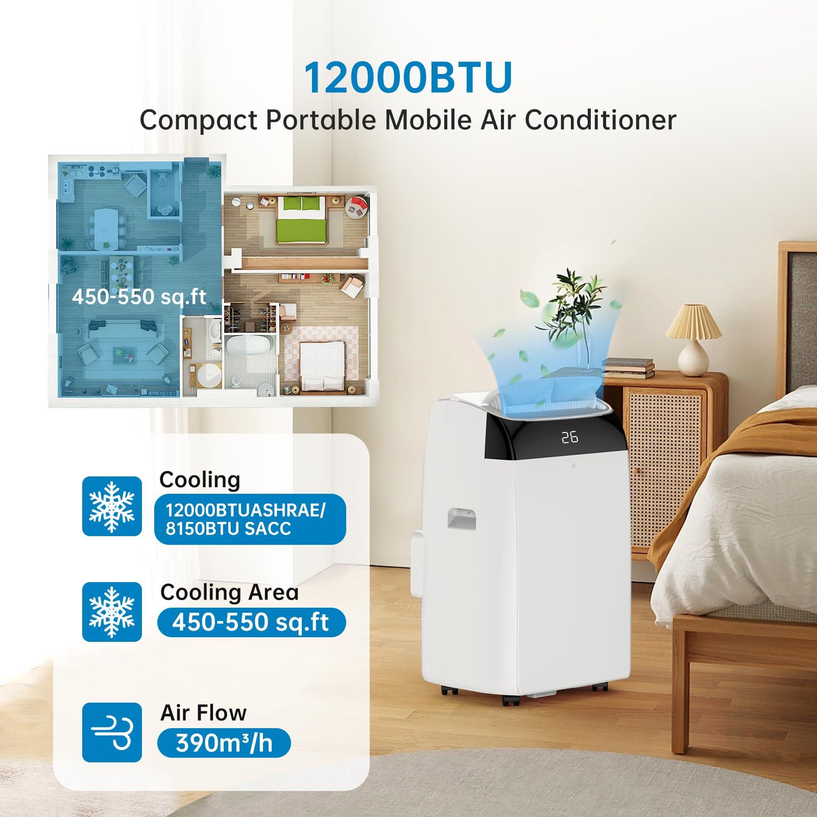 Garvee Climatiseur mobile 12000 BTU 3,5 kW, 3 en 1 avec déshumidificateur, ventilateur, kit fenêtre, minuterie 24 h et télécommande, panneau noir