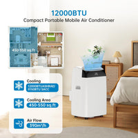 Garvee Climatiseur mobile 12000 BTU 3,5 kW, 3 en 1 avec déshumidificateur, ventilateur, kit fenêtre, minuterie 24 h et télécommande, panneau noir