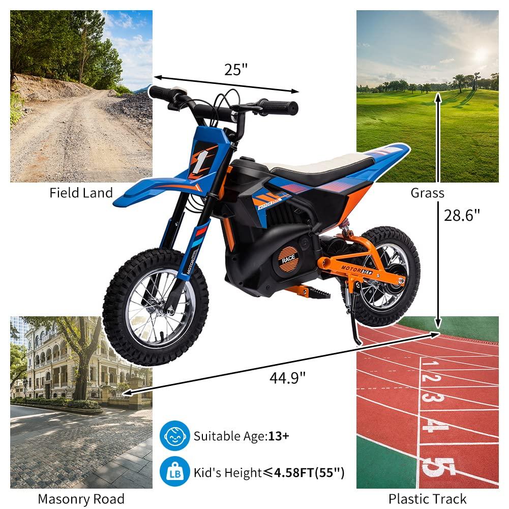 Moto électrique tout-terrain Garvee 24 V, moteur 250 W, selle en cuir, suspension métallique, pneus pneumatiques, pour enfants et adolescents, bleue