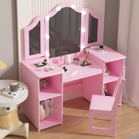 Coiffeuse Garvee Princess avec éclairage LED, miroir triptyque réglable, bois MDF, chaise enfant, salle de jeux, 117 cm (H) x 104 cm (L) x 41 cm (l), blanc