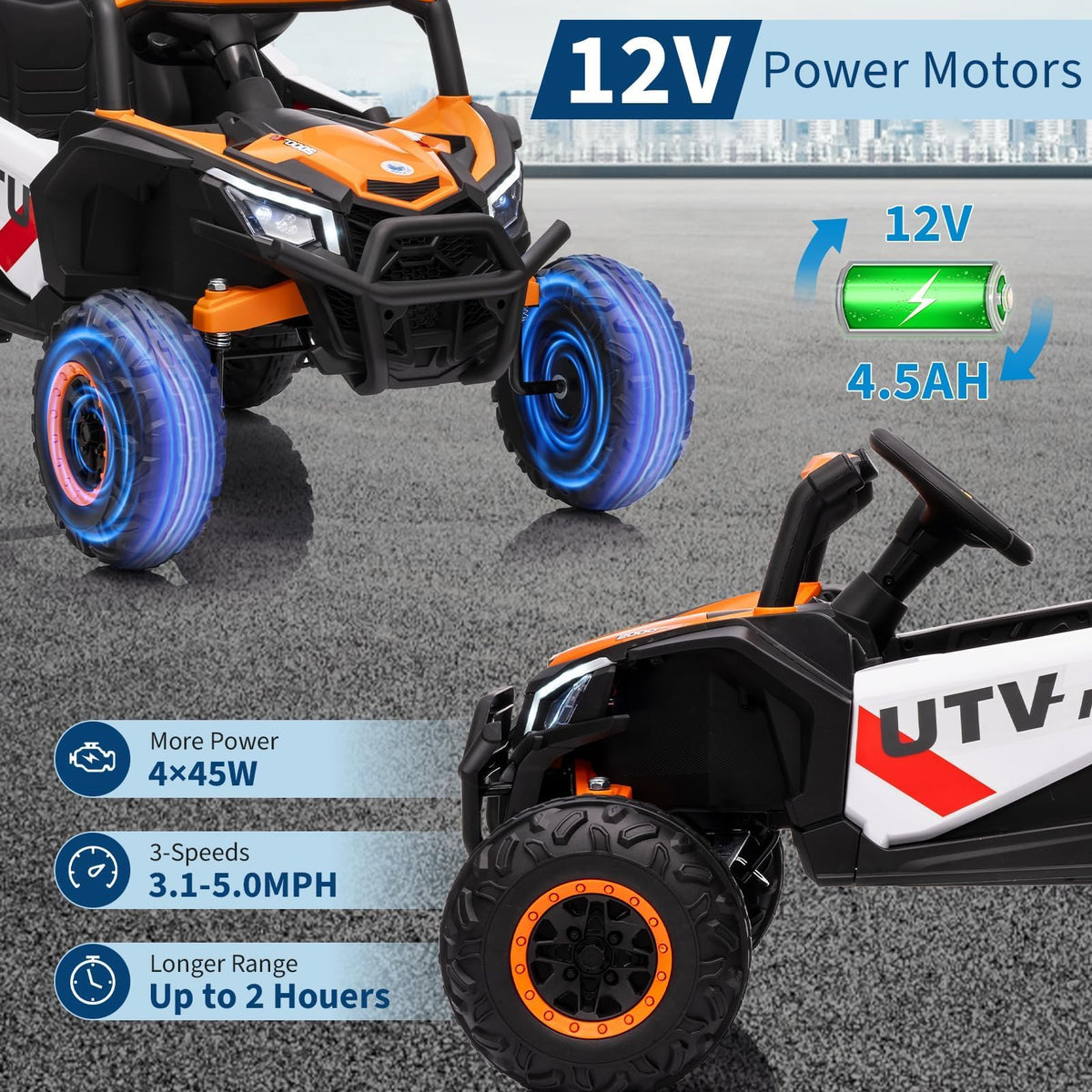 Garvee Voiture électrique enfant 12 V orange, télécommande parentale, LED, musique, USB et Bluetooth, pour extérieur dès 3 ans