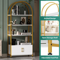 Bibliothèque Garvee dorée avec arche, structure métallique robuste, 4 étagères ouvertes, portes, hauteur 182 cm, mobilier de salon moderne