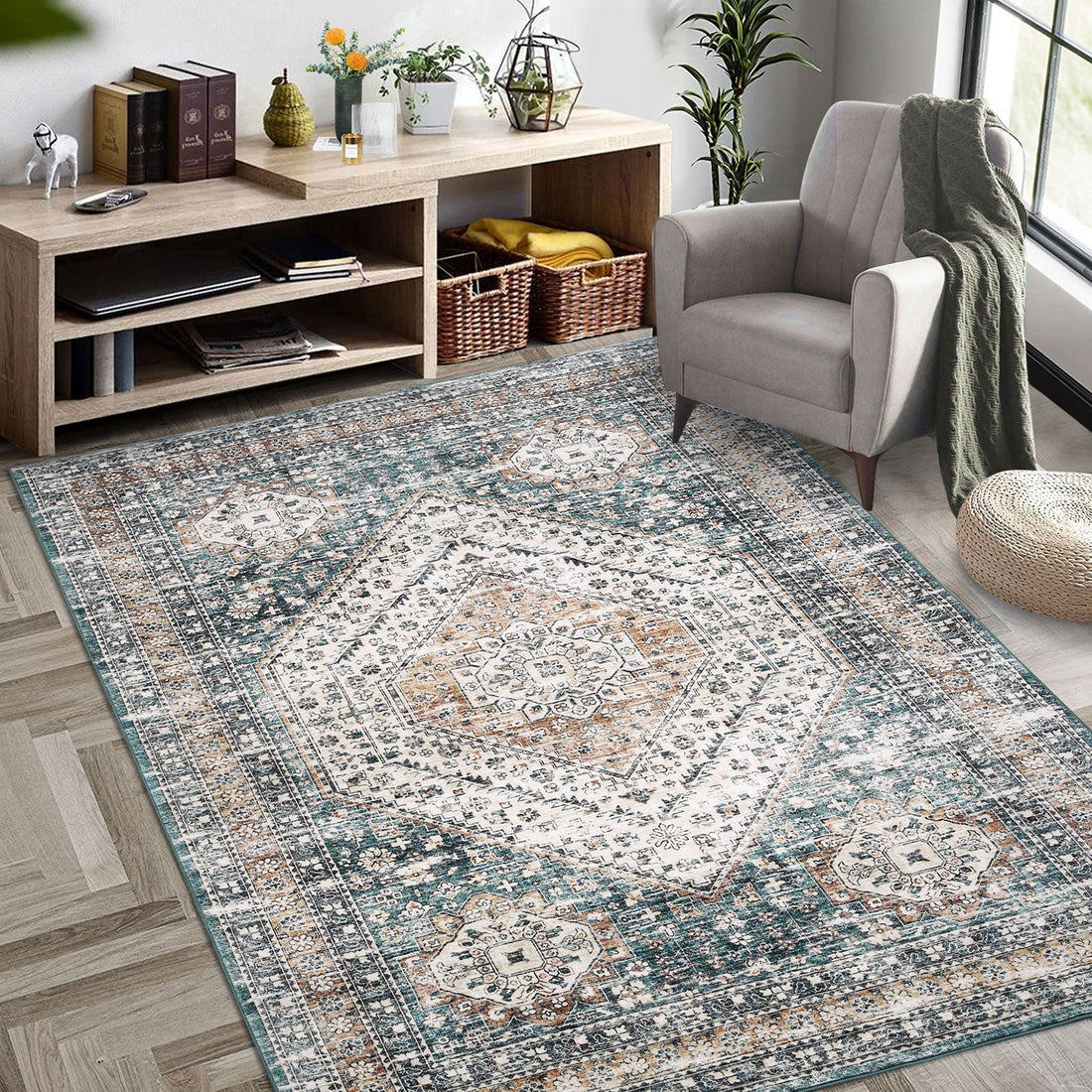 Garvee Waschbarer Teppich 80 x 150 cm Kunstwolle Rutschfest Niedriger Flor Für Schlafzimmer Wohnzimmer Esszimmer